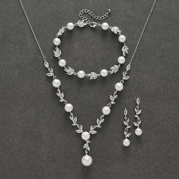 luxury Bridal Floral Rhinestone Y-Shaped Necklaces Leaf Pearl Drop Earrings Bracelets Jewelry Sets for Women Wedding Ceremony view 2