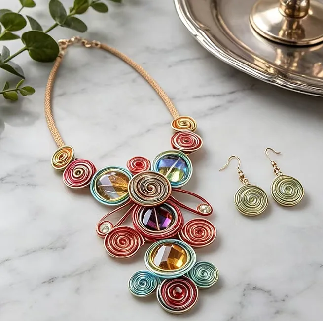 Bohemian Multicolor Swirl Woven Floral Bib Pendant Necklaces Spiral Disc Drop Earrings Ethnic Holiday Women chunky Statement Jewelry view 3