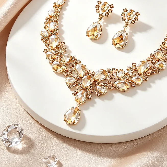 Luxury Champagne Teardrop Rhinestone Y Drop pendant Necklaces Dangle Earrings Women Wedding Evening Bridal Jewelry Sets view 3