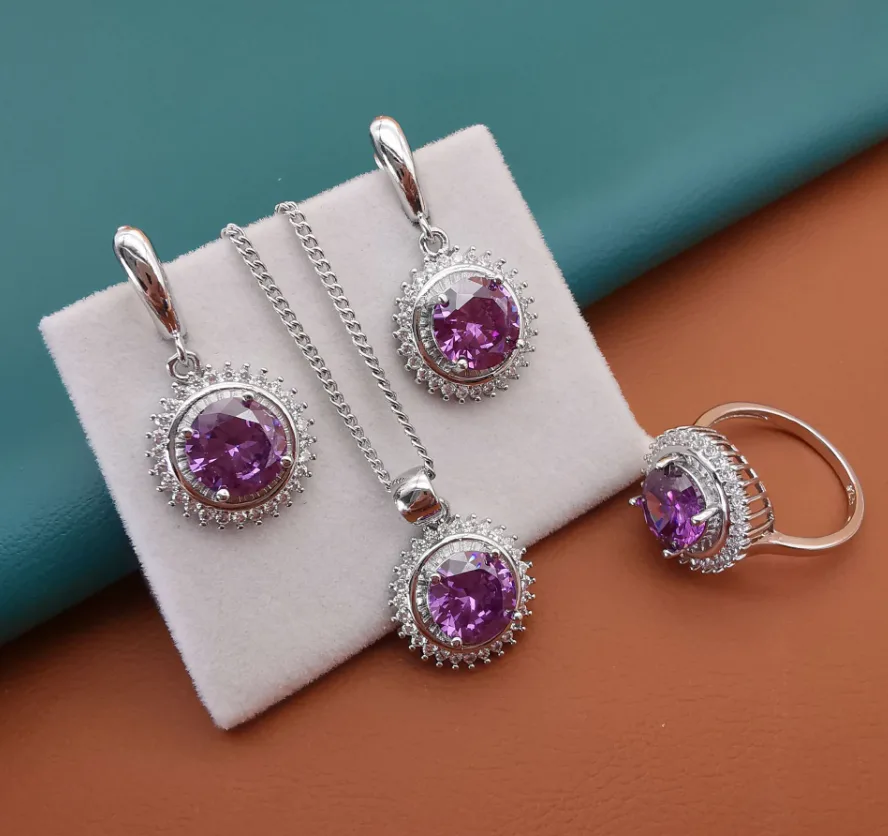 blue Rhinestone round pendant necklace classic wholesale hoops earrings ring for Women luxury jewelry sets