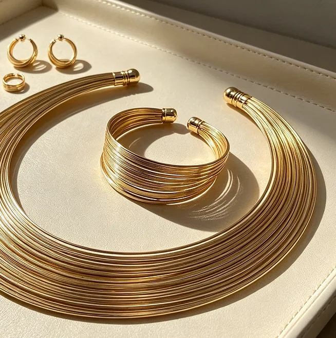 Minimalist Multi Layer Linear Geometric Open Collar Necklaces Hoop Earrings Wide Layered Open Cuff Bangle Stackable Rings Women Jewelry Sets view 2
