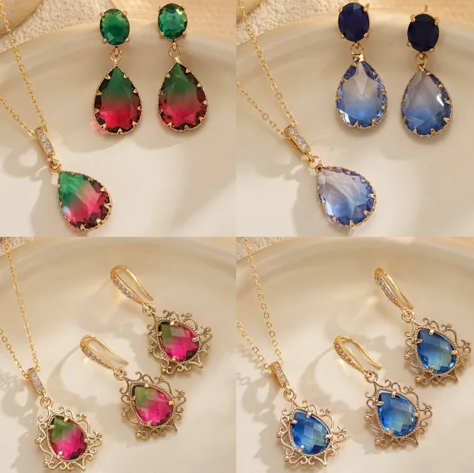 Copper Inlaid Zircon Bi-Color Teardrop Pendant Necklaces Gradient Water Drop Stud Earrings Wedding Banquet Elegant Women Fashion Jewelry view 3