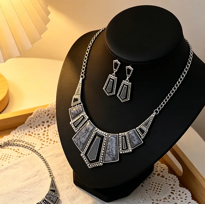 Vintage GothicBoho Irregular black Geometric Necklaces Layer Drop Earrings Ethnic chunky Women Statement Jewelry sets