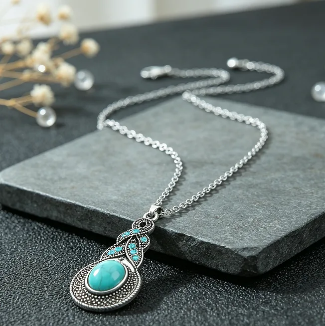 Vintage Hollow Filigree Leaf Shape Teardrop Inlaid Pendant Adjustable Extension Chain Turquoise Necklaces Long Hook Dangle Ear Drops Women Boho Vacation Elegant Jewelry Sets view 2