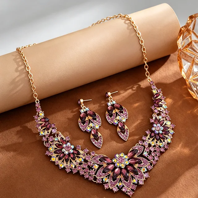 Vintage V-shaped flower Black Rhinestone White Pearl Drop Necklaces Leaf Single Pearl Dangle Earrings Women Wedding Bridal Elegant Jewelry Sets