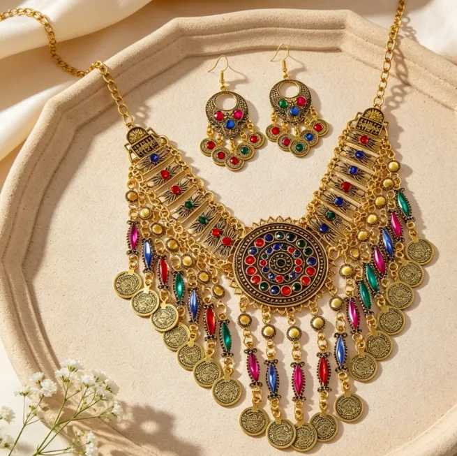 Bohemian Ethnic Multi-Color Stone Inlaid Coin Tassel Statement Collar Necklaces Circular Dangle Earrings Women Travel Retro Tribal Jewelry Sets view 2