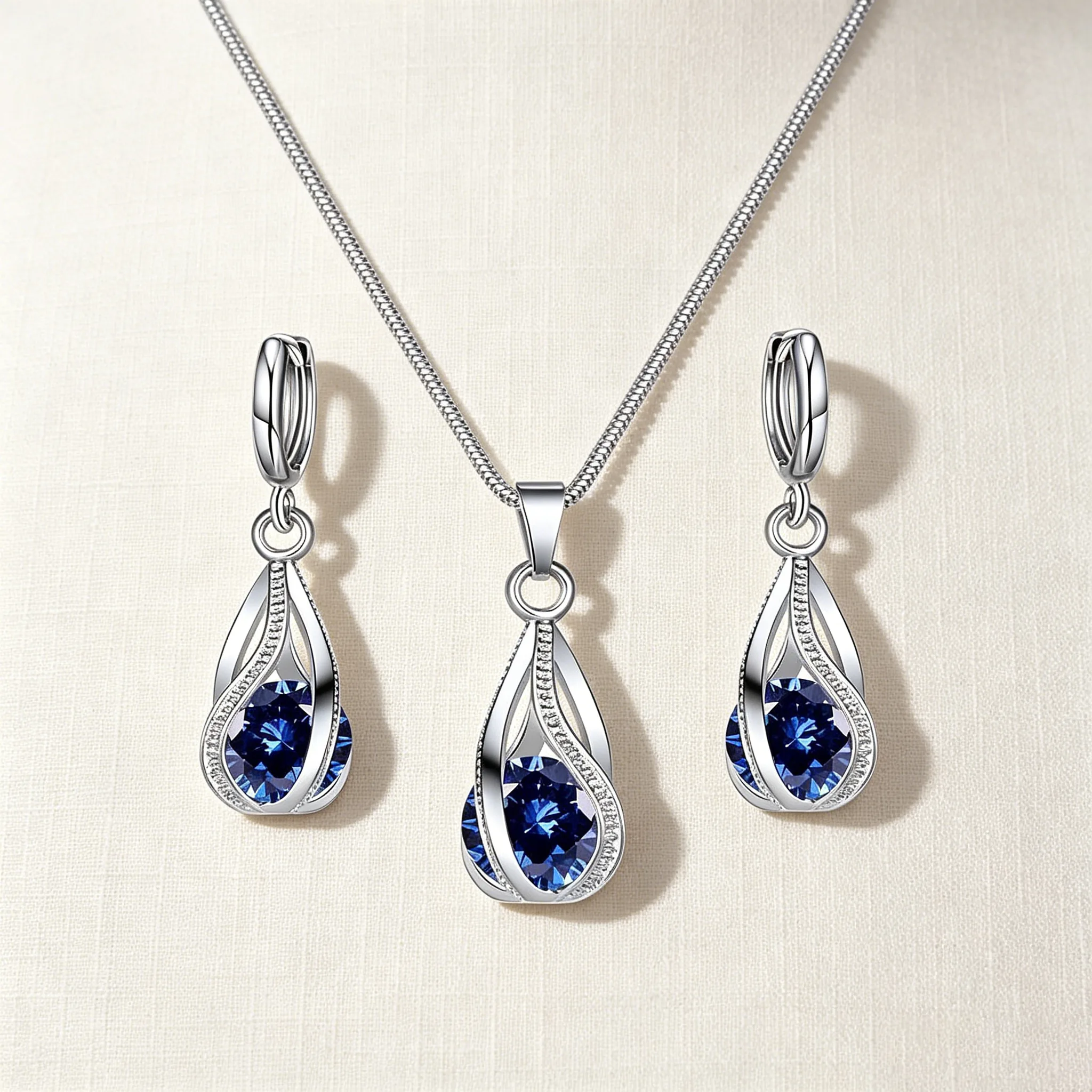 Elegant Teardrop Pendant Necklaces blue zircon hoops Drop Earrings for Women fashion wedding Jewelry Sets CZ Bridal Brides Accessories