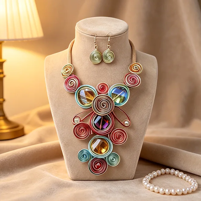 Bohemian Multicolor Swirl Woven Floral Bib Pendant Necklaces Spiral Disc Drop Earrings Ethnic Holiday Women chunky Statement Jewelry view 2