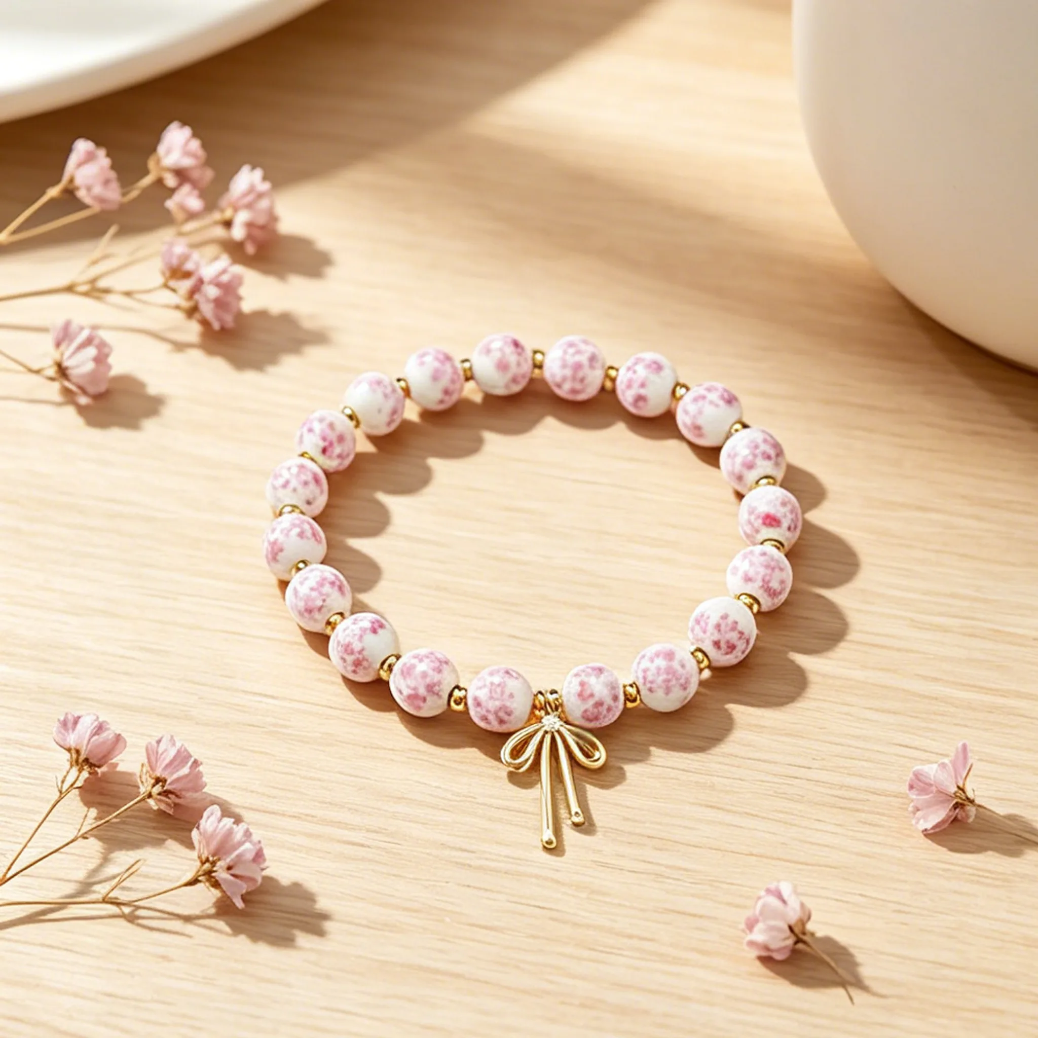 Elegant Ceramic Design bow Pendant Necklaces Chic Beaded Bracelets Jewelry Sets gold color jewelry for Women Daily Wear view 2