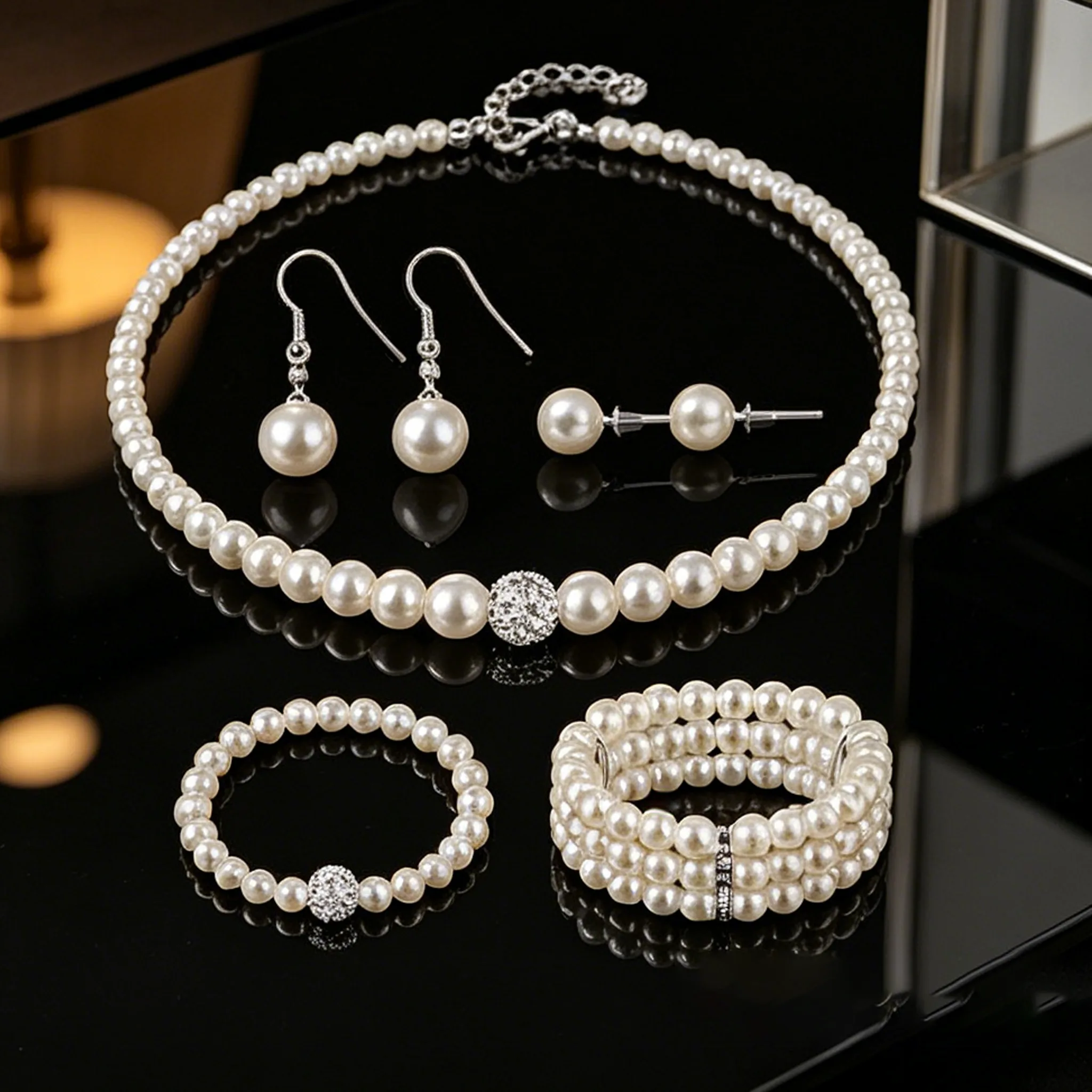 Imitation Pearl elegant jewelry sets earrings double bracelet necklaces for women Bridal gift joias de luxo