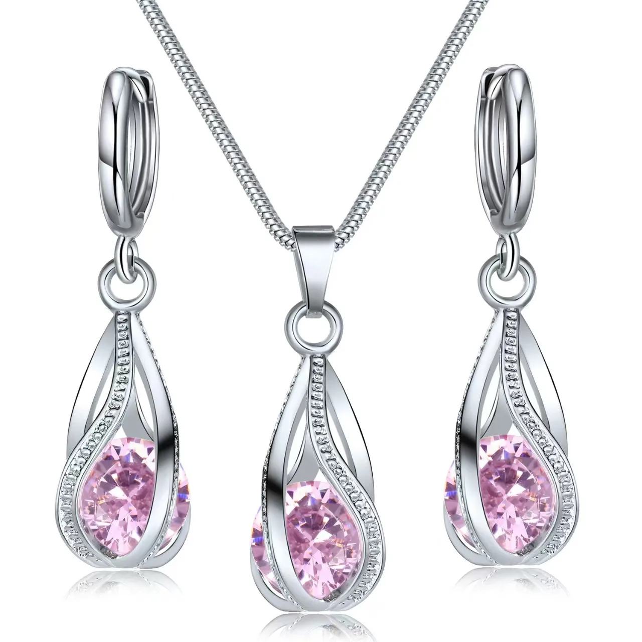 Twisted Irregular Teardrop black Zircon Pendant Necklaces CZ Drop hoop Earrings Women Jewelry Sets for Anniversary Birthday Gifts view 2