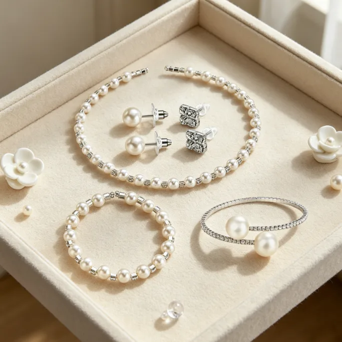 Smooth Glossy Uniform Round Imitation Pearl Single Strand Choker Dual Design Round Ball Stud Earrings Elastic Strand Wrist Band Double Orb Open Cuff Ring Women Elegant Daily Jewelry Set