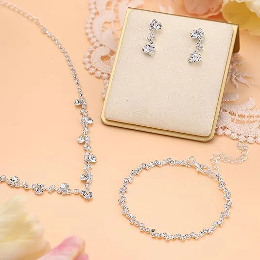 classic Rhinestone Inlaid Geometric Pendant Necklaces Drop Dangle Earrings tennis Bracelets Jewelry Sets for women wedding gift view 2
