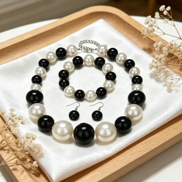 Vintage Elegant Black And White Imitation Pearl Beaded Necklace Stretch Bracelet Drop Earring Round Gradient Size Imitation Pearl Jewelry For Banquet Daily Wear
