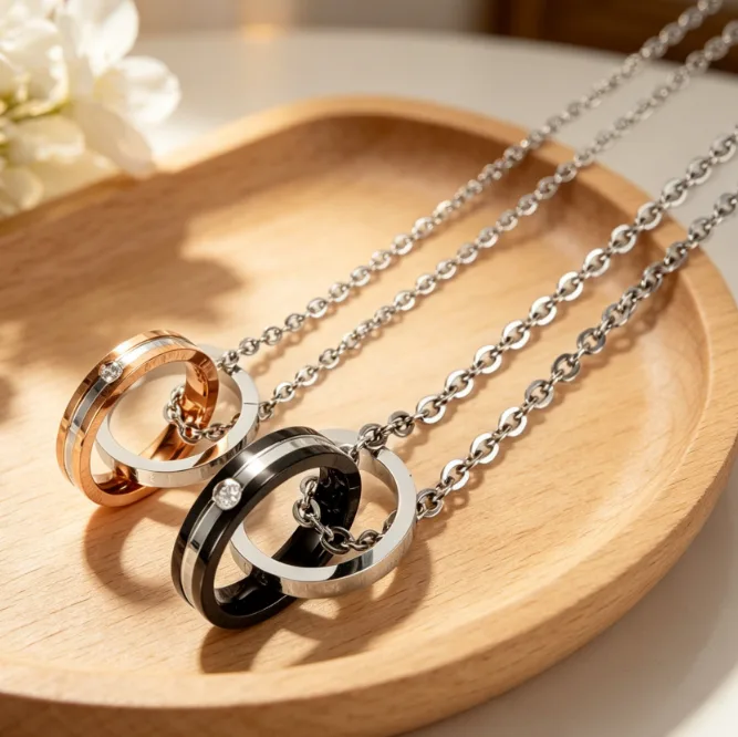 Classic stainless steel chain Double Ring Engraved LOVE Pendant Necklaces Couple Statement Necklaces Minimalist Valentine Gift Fashion Jewelry view 3
