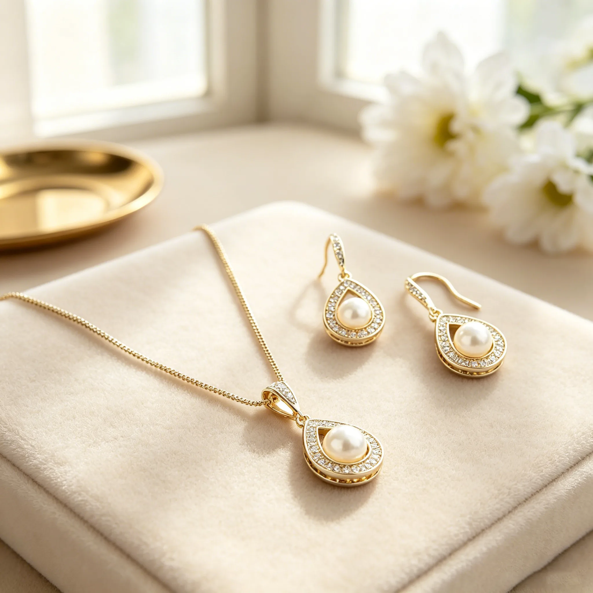 Elegant Teardrop Halo Pearl Pendant Necklaces Drop Earrings Wedding Evening Party fashion Jewelry Sets for Women