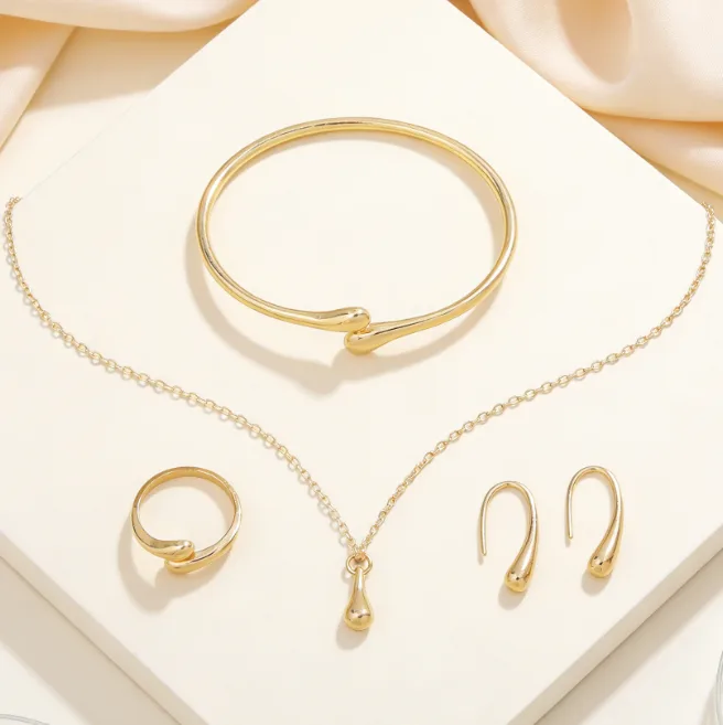 Minimalist Teardrop Pendant Necklaces Open Cuff Bangle Drop Earrings Adjustable Ring Versatile Smooth Golden Fashion Jewelry for women