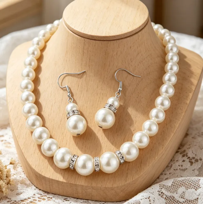 Minimalist white Imitation Pearl Single Strand Necklaces Dangle Earrings Beaded Stretch Bracelets Women classic Jewelry Sets view 2