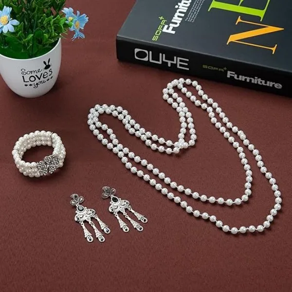 Vintage Imitation Pearl Beaded Y-Shaped Necklaces Black Stone Tassel Drop Earrings Rhinestone flower Bracelets for Women fashion Jewelry Sets view 3