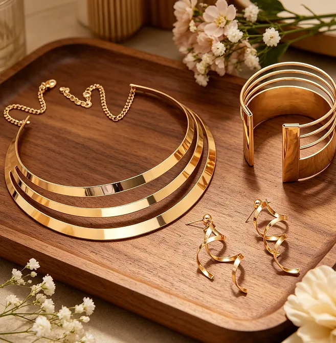 Triple Layer Curved Choker Necklaces Twisted Wavy Linear Drop Earrings Multi Wire Open Wide Cuff Bangles Women Minimalist Geometric Statement Jewelry Sets