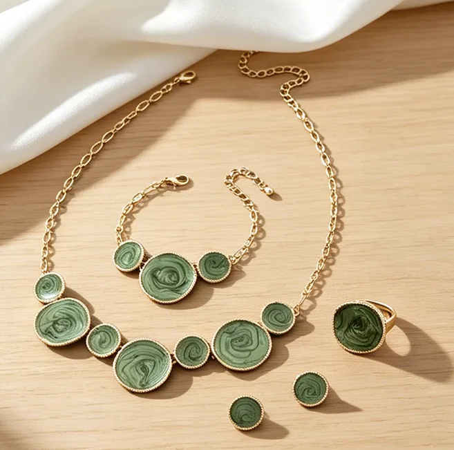 Unique Swirl Green Enamel Irregular Round Disc Pendant Necklaces Matching Bracelet Stud Earrings Ring Statement Jewelry for Women sets view 2