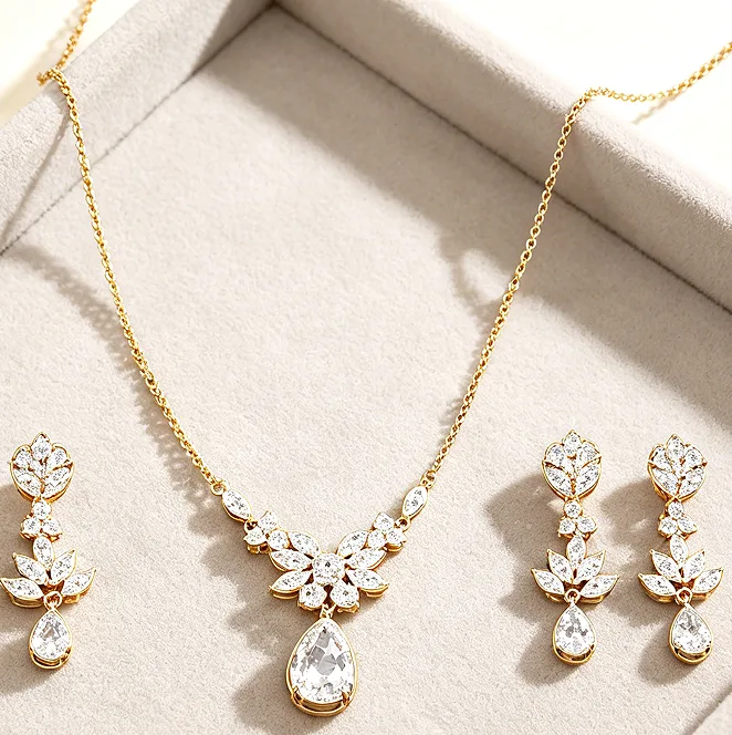 Elegant Floral Marquise Rhinestone Teardrop Pendant Necklaces Leaf Drop Dangle Earrings Women Bridal Wedding diamond Jewelry Sets view 3