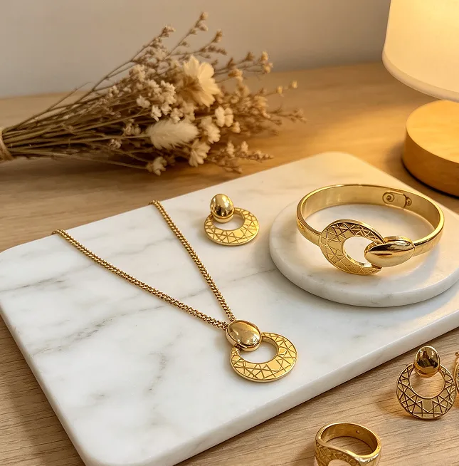 Retro Textured Double Circle Geometric Pendant Necklaces Cuff Bracelet Drop Earrings Ring Ethnic Women Statement chunky Jewelry sets view 2
