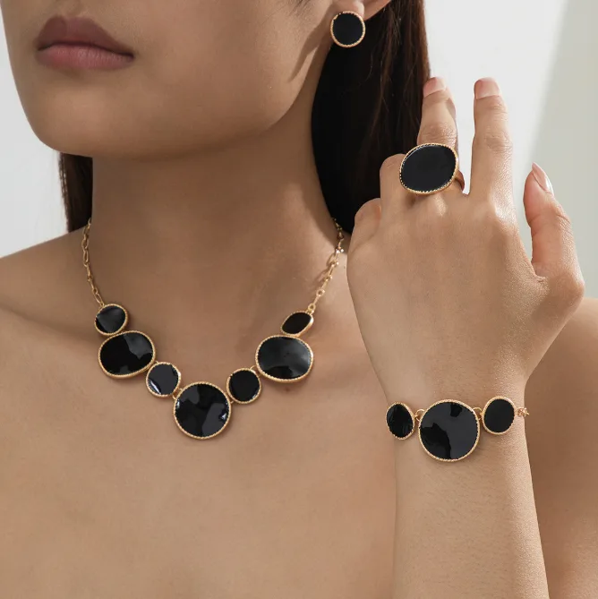 Minimalist Glossy Black Enamel Irregular Round Disc Pendant Necklaces Bracelet Stud Earrings Ring Cool Women Statement fashion Jewelry view 3