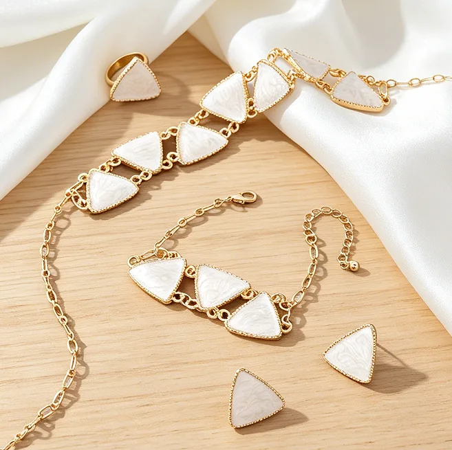 Geometric Linked Cream Swirl Triangle Bib Necklaces Bracelet Stud Earrings Ring Minimalist Statement fancy jewelry for ladies Women view 3