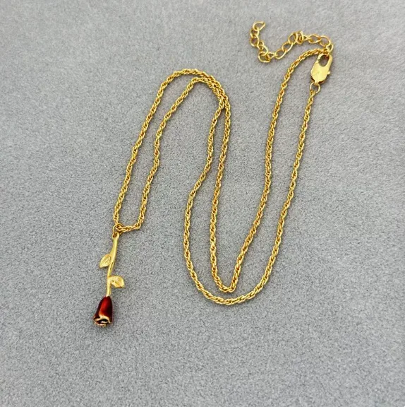 Vintage red Enamel Small Rhinestone rose Charm Pendant Necklaces Drop hoops Earrings Matching Two Piece Jewelry Sets For women view 3