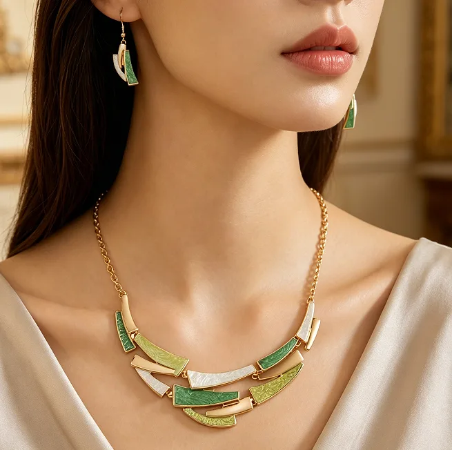 Bohemian Oil Painting Gradient green Irregular Geometric Bib Choker Necklaces Drop Earrings Ethnic Women Statement Jewelry view 3