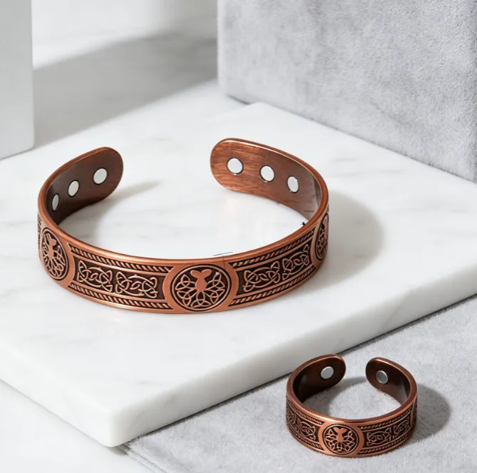 Vintage Engraved Tree of Life Magnetic Open Cuff Bangles Adjustable Pattern Open Rings Retro Health Care Women Statement Jewelry Sets