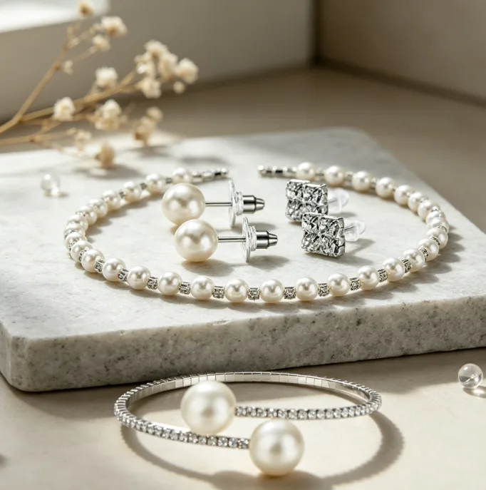 Smooth Glossy Uniform Round Imitation Pearl Single Strand Choker Dual Design Round Ball Stud Earrings Elastic Strand Wrist Band Double Orb Open Cuff Ring Women Elegant Daily Jewelry Set view 2