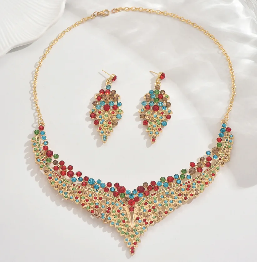luxury Red Rhinestone diamond Fringe V Collar Necklaces Geometric Drop Earrings Charms Wedding Banquet Statement Jewelry for women sets view 2