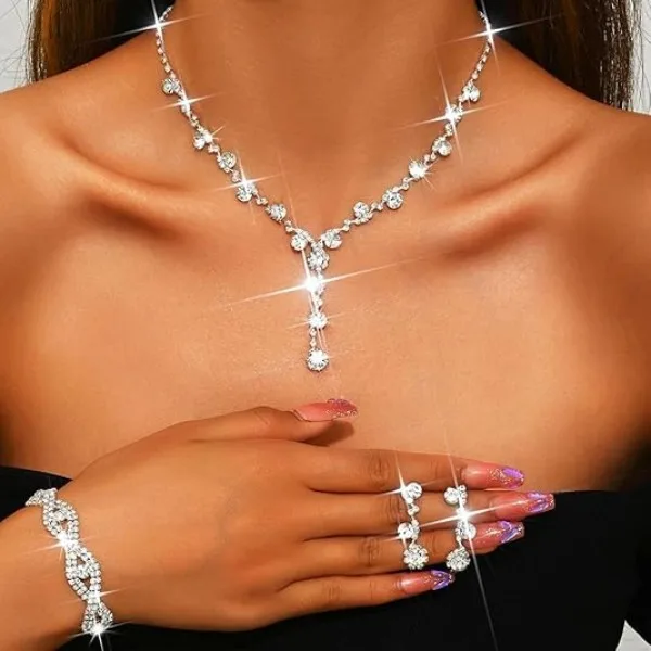 Elegant Multi Round Clear Rhinestone Y-Shaped Drop Necklaces Graduated Round Stone Dangle Earrings Linked Rhinestone Stretch Bracelets Women Wedding Banquet Jewelry Sets view 2