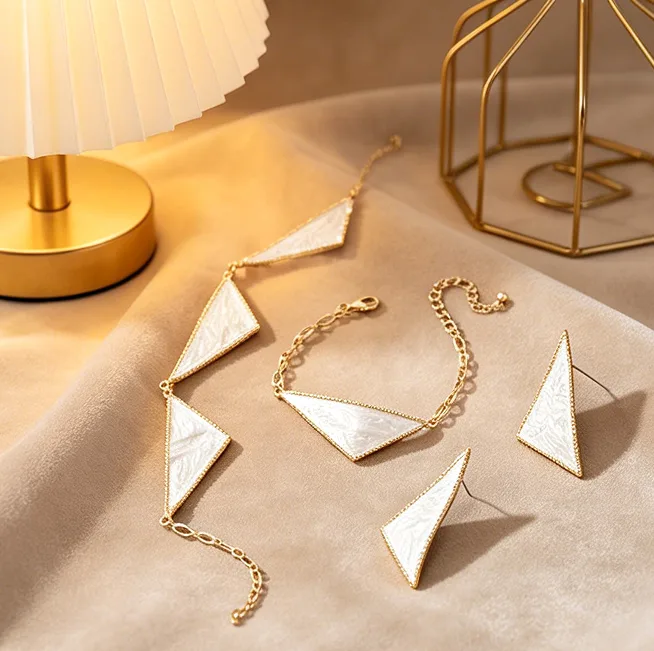 Modern Minimalist Cream Swirl Enamel Triangle Geometric Pendant Necklaces Bracelet Stud Earrings Open Ring Chic Office Women Statement Jewelry