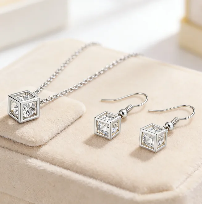 Copper Inlaid Zircon Cube Square Pendant Necklaces Geometric Hook Drop Earrings Minimalist Daily Party Women Statement Fashion Jewelry view 2