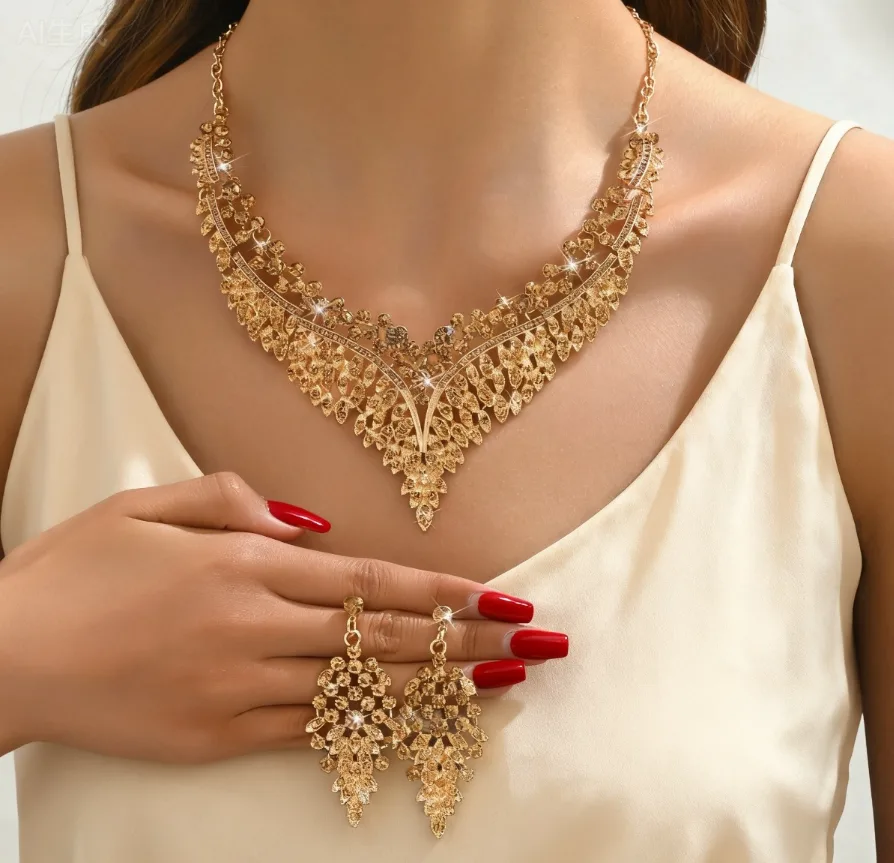 luxury Red Rhinestone diamond Fringe V Collar Necklaces Geometric Drop Earrings Charms Wedding Banquet Statement Jewelry for women sets view 3