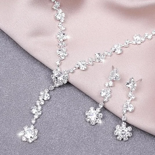Tiny Floral Round Wreath Rhinestone Waterdrop Y Pendant Necklaces Drop Dangle Earrings Jewelry Sets for Women Daily party Wear view 2