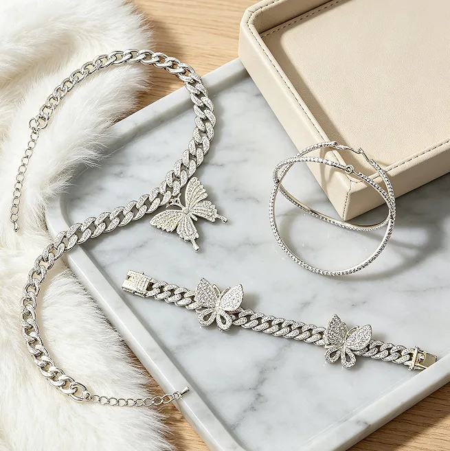 Hip Hop Punk Butterfly Pendant Cuban Link Chain Necklaces Full Stone Round Dial Wrist Watch Large Hoop Earrings Open Ring Stackable Thin Bangles for Women Trendy Jewelry Sets
