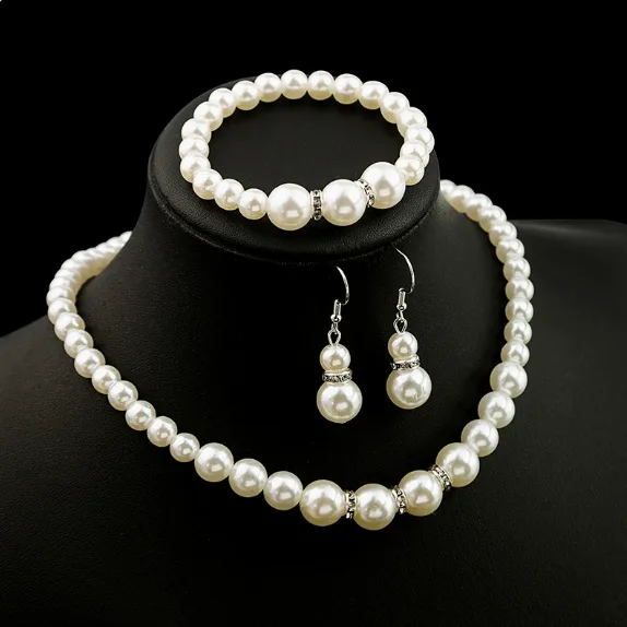 Classic Gradient Size white beaded Necklaces Double Round Pearl Drop Earrings Bracelets Women Bridal designer inspired jewelry sets joias de luxo view 2