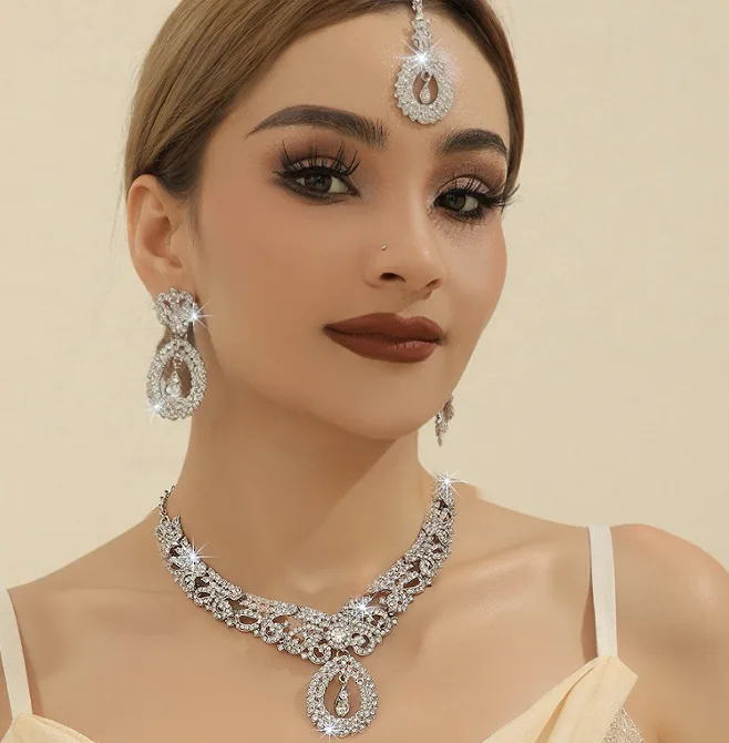 Silver Tone Hollow Teardrop Rhinestone Bridal Choker Necklaces diamond Drop Earrings Forehead Chain Glam Wedding Women Jewelry joias de luxo view 3