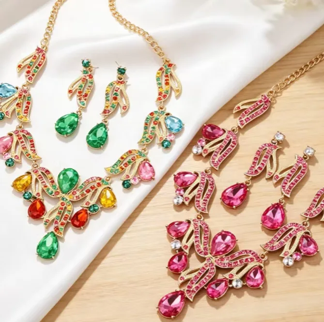 Luxury Multicolor Teardrop Rhinestone Leaf pendant Necklaces diamond Long Drop Earrings fashion fancy jewelry for ladies Women