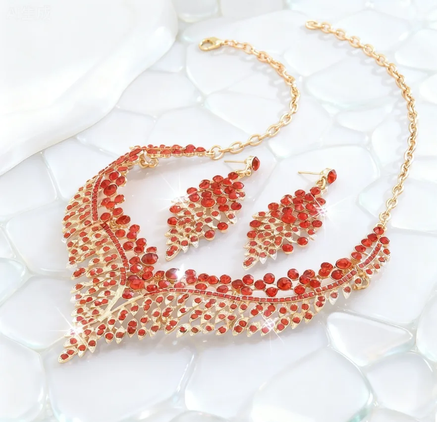 luxury Red Rhinestone diamond Fringe V Collar Necklaces Geometric Drop Earrings Charms Wedding Banquet Statement Jewelry for women sets