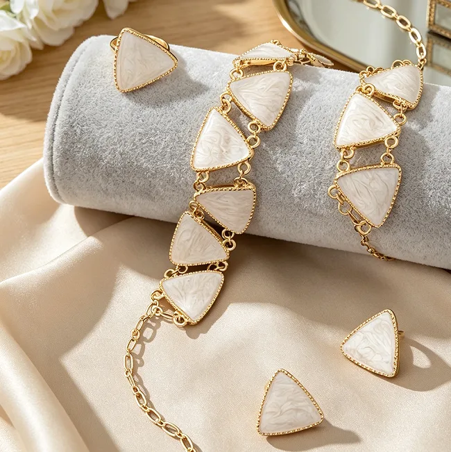 Geometric Linked Cream Swirl Triangle Bib Necklaces Bracelet Stud Earrings Ring Minimalist Statement fancy jewelry for ladies Women view 2