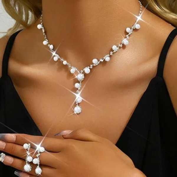 Floral Rhinestone Ornate Necklaces Fringed pearl Drop Earrings Beaded Bracelets for Women party Wedding Guest Party Jewelry Sets view 3