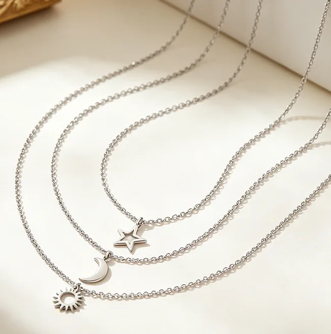 Sun Moon Star Pendant Necklace Set Stainless Steel Celestial Dainty Necklaces for Women Friendship BFF Matching Couples Gift view 3