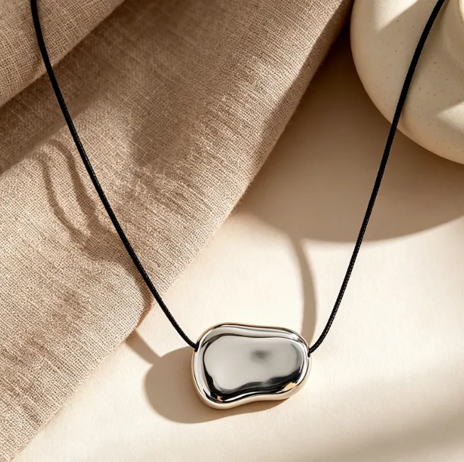 Irregular Geometric Pendant Necklace 18K Gold Plated Stainless Steel Waxed Cord Necklaces for Women Designer Statement Jewelry