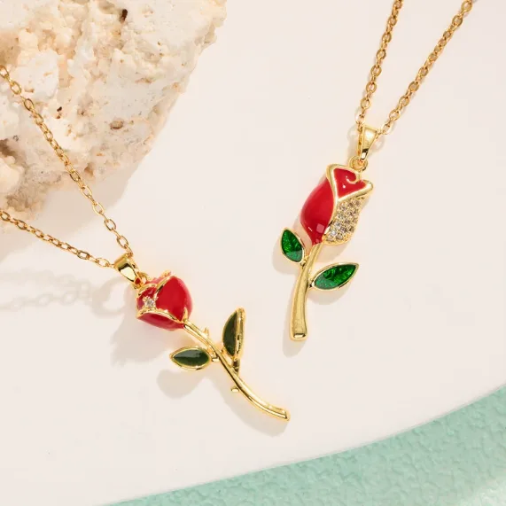 Glossy Enamel Red Rose Floral Pendant Thin Cable Chain Necklaces Golden Minimal Romantic Dainty DIY Layering Women Daily Fashion Jewelry view 2