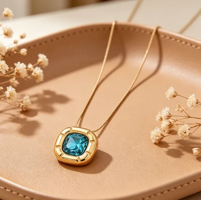 Square Blue Zircon Pendant Necklace 18K Gold Plated Stainless Steel Snake Chain Necklaces for Women Statement Trendy Jewelry view 3